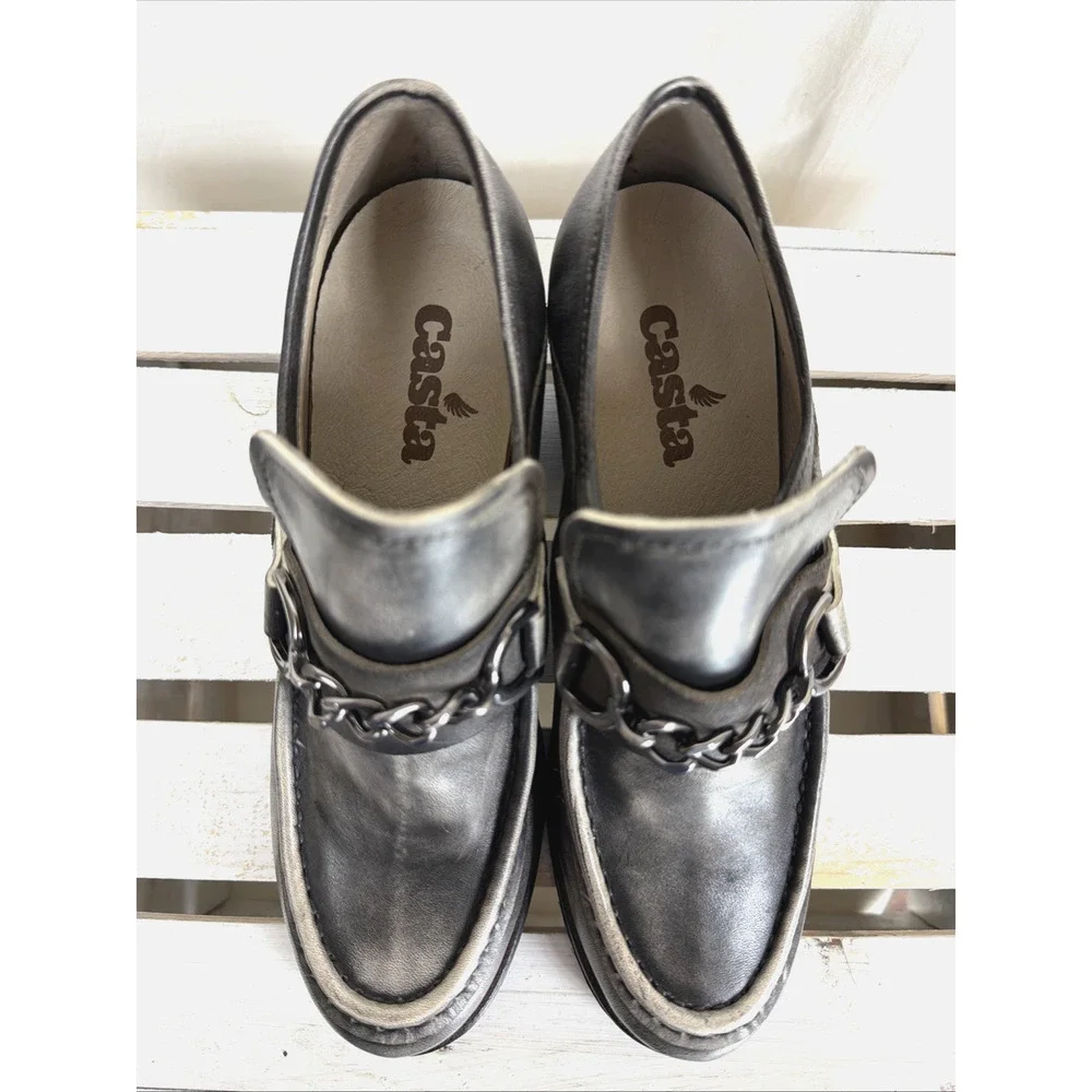 New NO Box Casta Palmer Pewter Gray Burnished Heeled Loafers #1062 EU 38